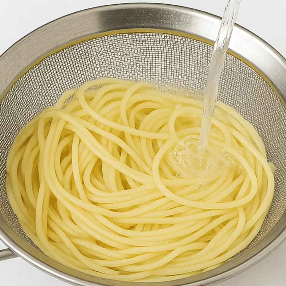 Boil, strain (keep some pasta water) rinse with water and place some oil on the pasta