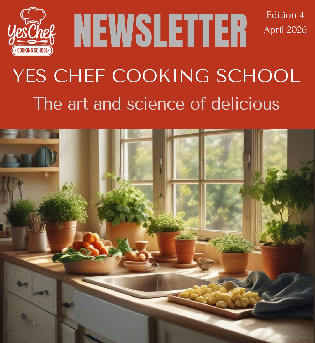 Yes Chef April 2026 newsletter banner, potted herbs on a sunny kitchen bench