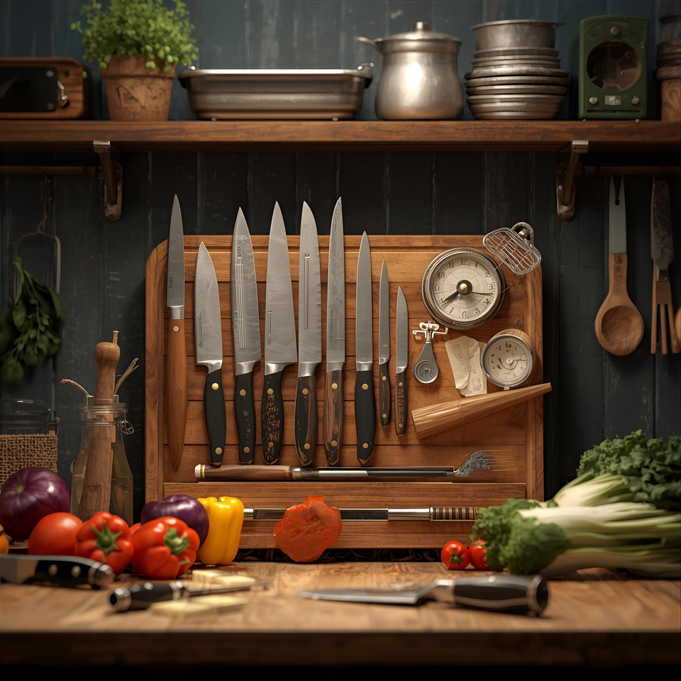 Kitchen knives arranged above a wooden bench