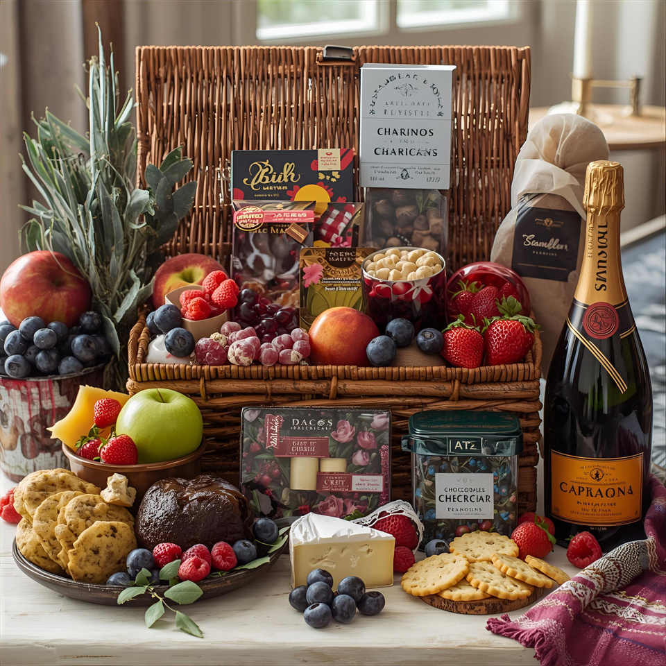 A Christmas hamper of fruit, cheese, biscuits and bubbles