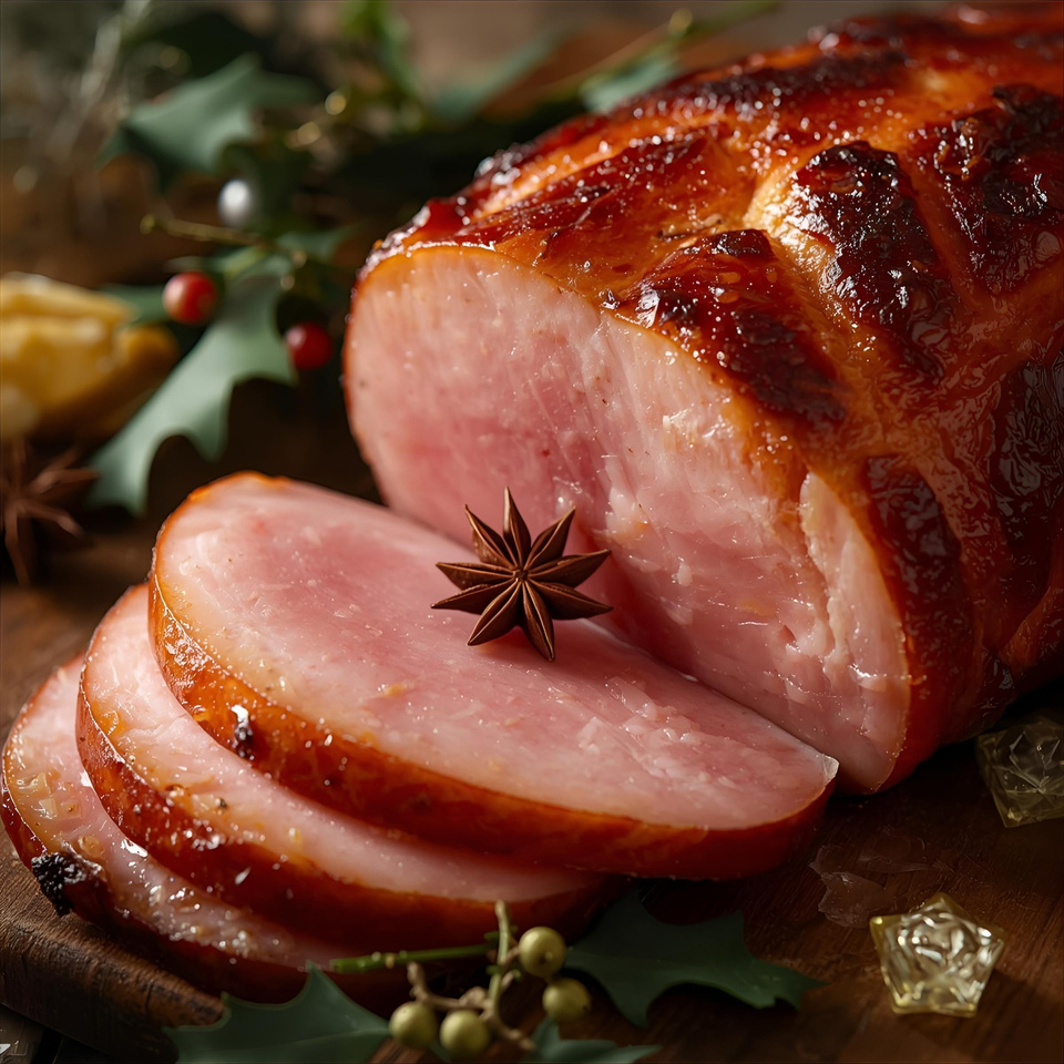 Glazed Christmas ham studded with star anise