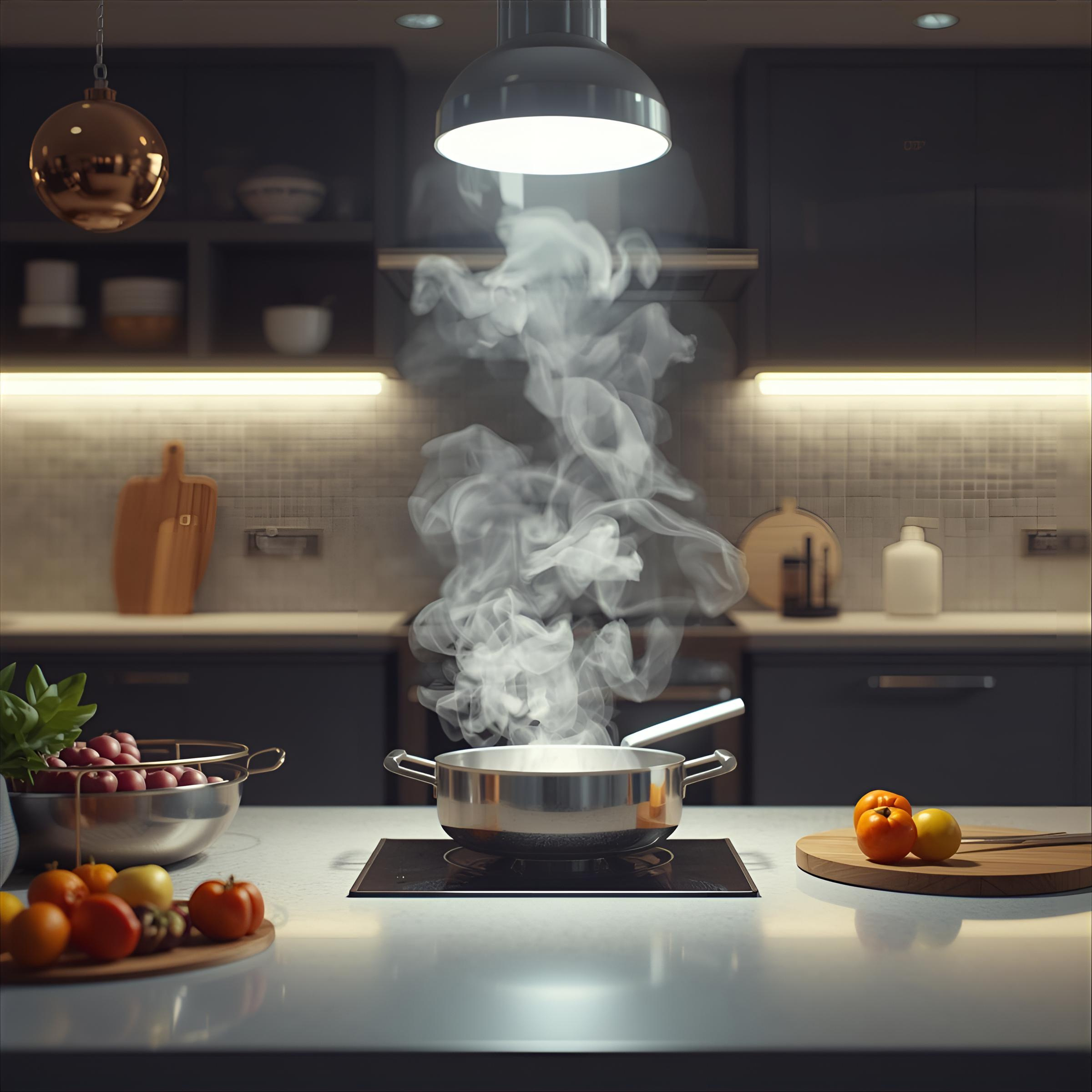 A pan steaming on the stove in a dark modern kitchen