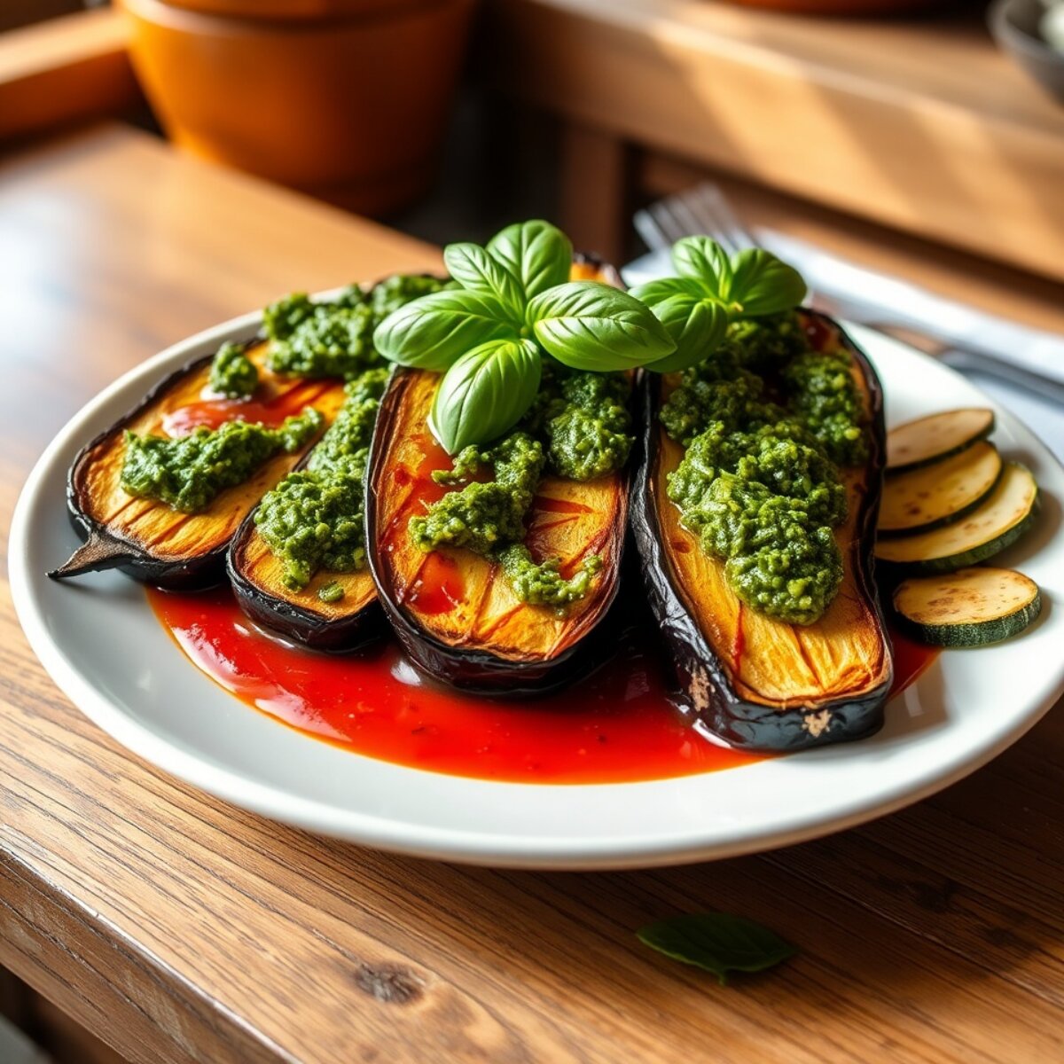 Baked eggplant with pesto, tomato sauce and zucchini chips
