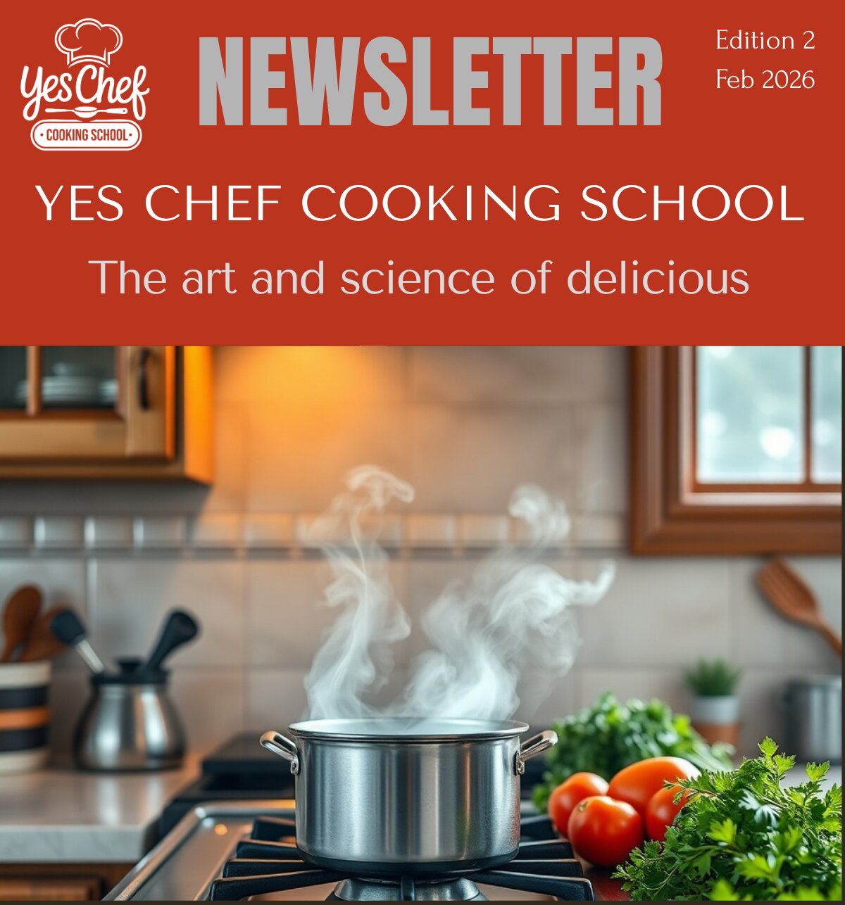Yes Chef February 2026 newsletter banner, a pot steaming on the stove