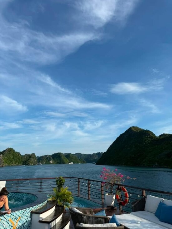 Looking out over Halong Bay from the deck of a cruise boat