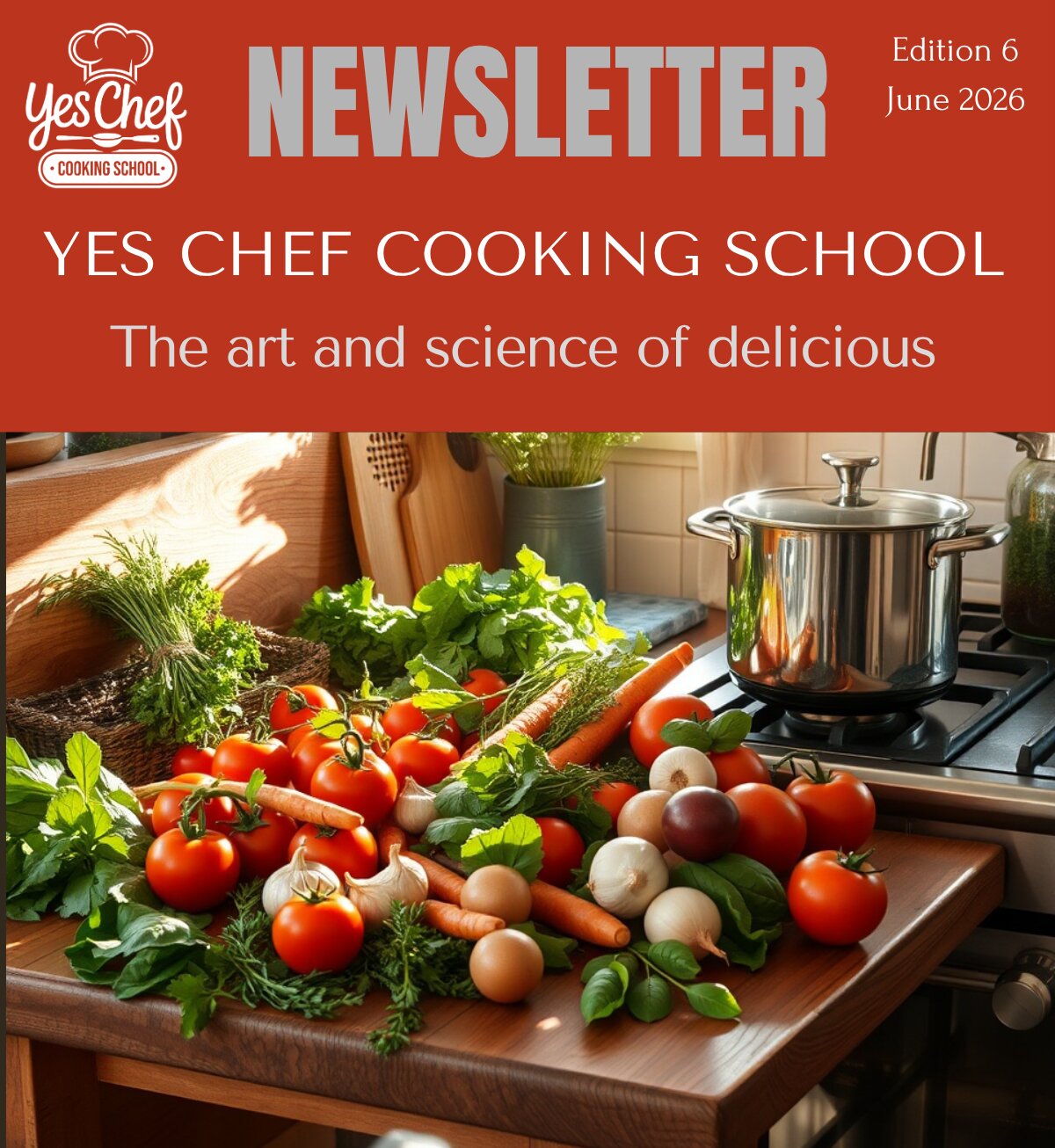 Yes Chef June 2026 newsletter banner, fresh vegetables on the bench