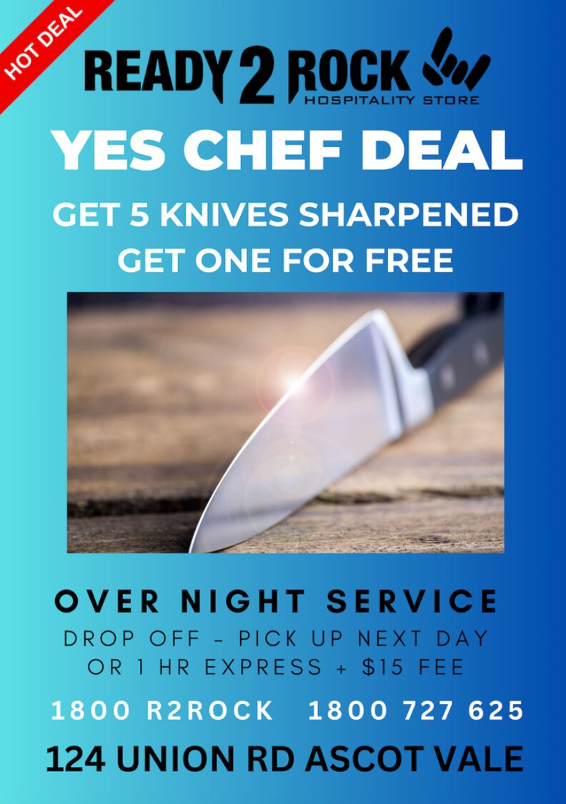Ready 2 Rock Hospitality Store knife sharpening offer for Yes Chef students