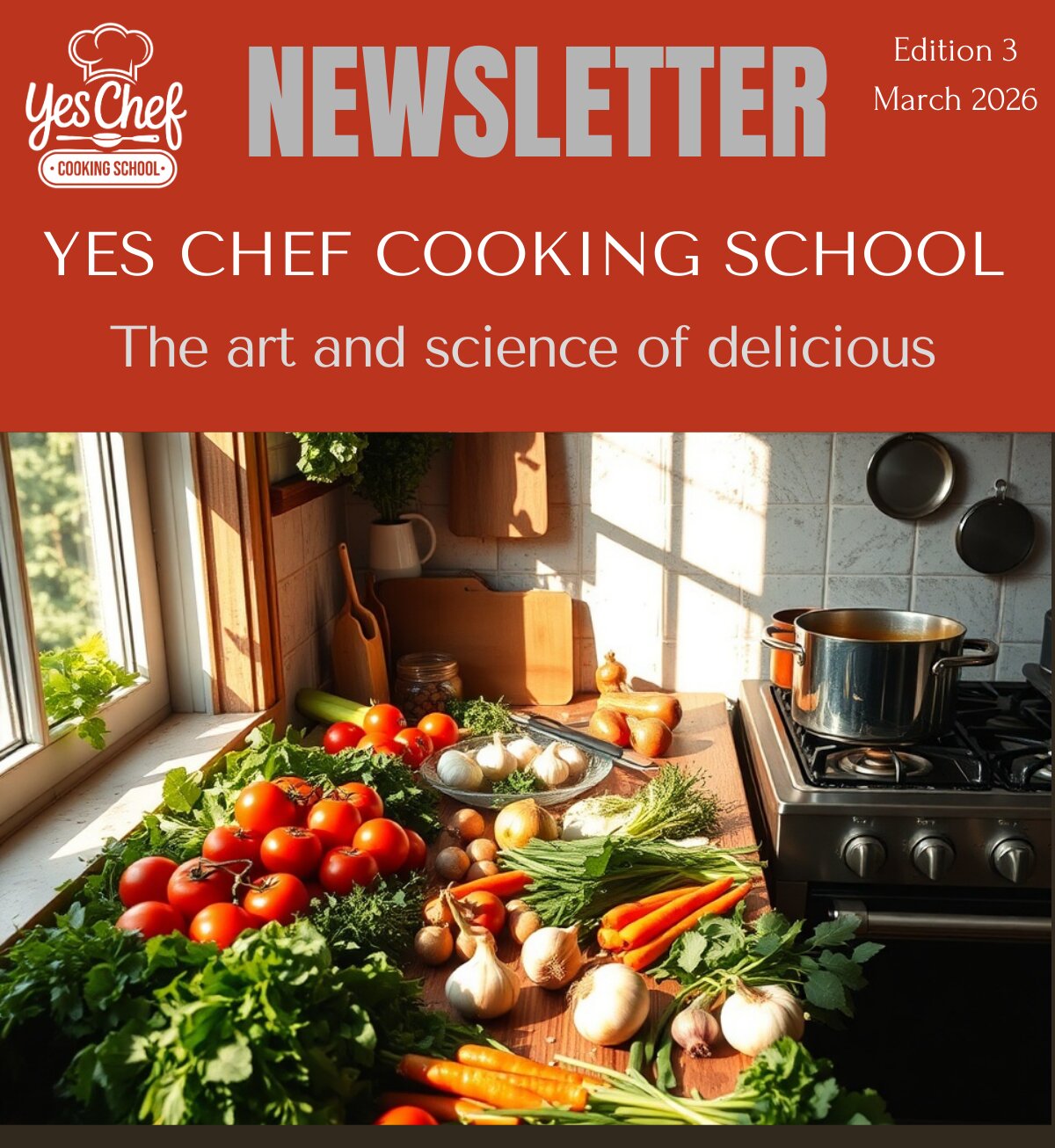 Yes Chef March 2026 newsletter banner, fresh vegetables in the kitchen