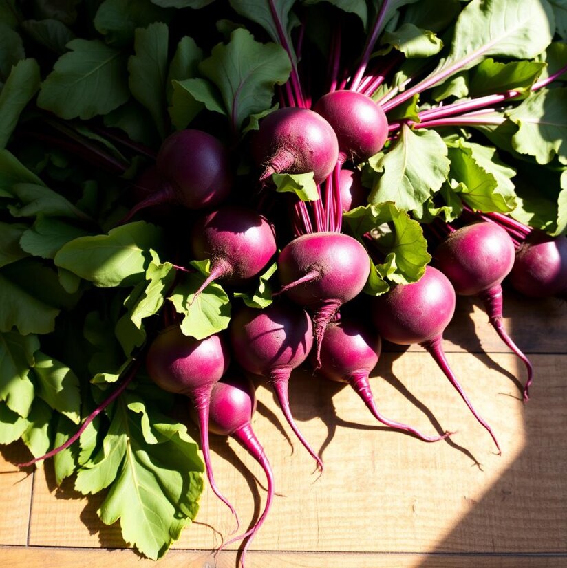 Fresh beetroot with leaves on a chopping board